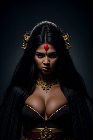 
A powerful and terrifying portrayal of the Hindu goddess Kali Maa, depicted with either black or dark blue skin that radiates an ominous, supernatural energy. She has a third eye on her forehead, symbolizing her omniscient power and fierce nature. Her presence dominates the dark night, with a cinematic atmosphere that features detailed color grading to enhance the horror theme.

Captured from a high-angle perspective, a woman dressed in a red and white costume is stunning. She is adorned with a black and white checkered pattern on her chest, a black belt around her waist, and a gold medallion hanging from her neck. Her hair is styled in a ponytail, and she is wearing a pair of fluffy white ears on her head. Her eyes are a piercing red, and her hair is a dark brown. Her costume is reminiscent of an anime character, with a white and red costume. She stands in front of a backdrop of televisions that are lit up, creating a vibrant and colorful backdrop.

Kali Maa is adorned with gold ornaments that contrast against her dark skin, glinting ominously in the low light. Her hair is wild and dirty, flowing chaotically around her as if animated by her wrathful energy. She has ten hands, each holding a different mythological weapon, and a garland of skulls hangs around her neck, symbolizing her dominion over death and destruction.

The background is shrouded in darkness, with hints of eerie, otherworldly light that cast shadows on her fearsome form. The scene is set with a sense of impending doom, capturing the essence of Kali Maa as both a protector and a destroyer. Her expression is fierce and unyielding, embodying the terrifying beauty and power of this revered goddess.
