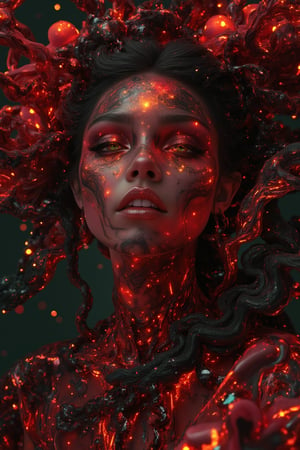 (body formed by galactic liquid mauevine and black metallic paint twisting into a beautiful interpretation of the female figure), au naturel,((complex galactic metallic colours in the foreground)), (( fluid mechanics, the loveliest smooth scale face makeup, smirky expression)) - red, black and gold, onyxia, metallic color palette g0s1,Sparkle Glowing,3dartCA