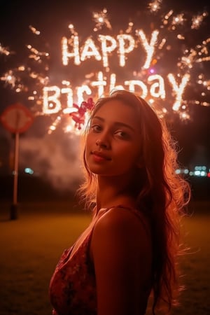 A beautiful 23-year-old birthday girl, standing outdoors under the night sky, looking directly at the camera, fireworks exploding in the sky, spelling out "Happy Birthday" in bright letters, shot on an ARRI Alexa XT cinematic camera, ultra-high-definition, soft lighting highlighting her face and features, joyful expression, cinematic atmosphere, vibrant colors from the fireworks reflecting on her, detailed textures and perfect lighting for a dramatic and celebratory scene.,Size 32 25 34,23 yo women,Mallu.