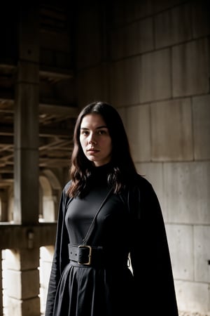 dim light, natural backlighting, in a dark smoky convent room, brutalist, cement, concrete, weird unusual angle full shot of a harness satanist nun, young woman, haunted sinister expression, slightly parting lips