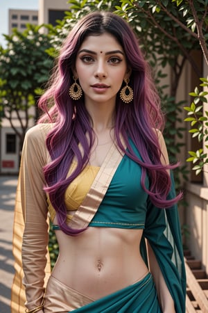Saree, 1girl, solo, yellow saree, long hair:2, pink hair, multiple colours hair, blue hair, Red hair, long sleeves, dress, jewelry, earrings, outdoor, realistic, This breathtaking photograph, shot on a Canon 1DX with a 50 mm f/2.8 lens, beautifully showcases the raw and authentic beauty of life. high resolution 8k image quality, saree ,sari,CyberpunkWorld,Indian,<lora:659111690174031528:1.0>