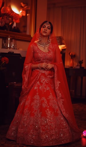 Cool cinematic lighting, matrix movie theam,A stunning Madona Sebastian, dressed in a rich red lehenga with intricate embroidery, paired with heavy gold jewelry She stands against a luxurious Hollywood-style backdrop, with subtle neon accents to emphasize her glamorous attire.,Madona Sebastian 