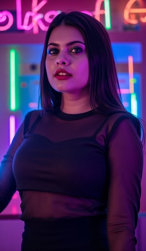 A cyberpunk women, realistic, details and enhanced image, beautiful,The atmosphere is fun and inviting, featuring colors like black, blue, dark blue, dark purple, gray, light green, purple, and orange. Neon lights in pink, blue, and green illuminate the space, creating a bokeh and Depth of Fieldeffect. The focus is on the girl from the torso to the head, captured in a cinematic style with a Sony A7R IV full-frame camera,AnushkaShettyFlux