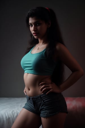 Tank top, Cyberpunk, Neon glow, curvy women, masterpiece, high resolution,  long gown, best quality, 4k, plump face, 38 years old plump women, shorts,  hot pants, thick_hip, solo, beauty photo, amateur photo, skin texture:1, 1girl, eye level, and hoop earrings, red_teal_orange-colored Flat ironed straight, stand, room,lighting,photorealistic,Curly girl,Mallu girl ,Tamil girl, cute, ,CyberpunkWorld, twin_tails,1mallu girl,cprebecca,27 year old girl