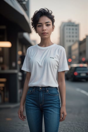 Girl, solo, short hair, white, clean face, shirt, clean shave:1.3,city background, jeans , , short sleeves, black shirt, t-shirt, realistic, best quality, hires, intricate details, reflections, photographed on a Canon EOS R5, 50mm lens, F/2.8, HDR, 8k resolution, ray-tracing,z1l4,realistic