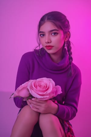 A photorealistic full-body portrait of a stunning 21yo hubggirl with perfect hands. She wears a vibrant purple sweater and double braids adorned with tiny earrings. Her shoulder-length purple hair is styled in intricate braids that cascade down her back. Her eyes are a deep, rich purple, framed by thick eyelashes and subtle makeup. A bold red lip color adds a pop of brightness to the overall gradient background, which transitions seamlessly from pink to purple. The subject's gaze is direct, with a hint of sassiness as she wears a trendy hat and sports a confident smile. Shut up, indeed!,Teenager 