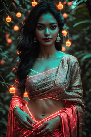 Portrait of a mystical fantasy bioluminescent neon woman. Glamorous fashionable lady in saree. Glowing, Glowing color,Glowing skin dots,  high resolution 8k image quality,photorealistic,Saree ,NeonST2