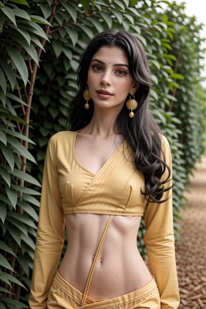 Saree, 1girl, solo, yellow saree, long hair:2, black hair, long sleeves, dress, jewelry, earrings, outdoor, realistic, This breathtaking photograph, shot on a Canon 1DX with a 50 mm f/2.8 lens, beautifully showcases the raw and authentic beauty of life. high resolution 8k image quality, saree ,sari,CyberpunkWorld,Indian,<lora:659111690174031528:1.0>