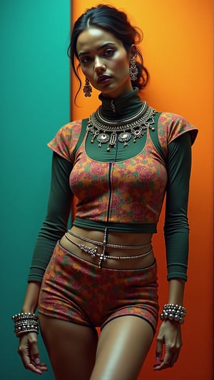 A stylish Mallu girl with a curvy, sexy figure poses confidently in a modern, non-traditional outfit adorned with traditional ornaments. She wears oversized, colorful patterned turtleneck that stands out against a teal and orange background, graded with cinematic color tones. The scene captures a complex, action-oriented pose reminiscent of cyberpunk themes from Blade Runner and The Matrix, set in a highly stylized, photorealistic, futuristic City, morning, sun light, hi tech atmosphere, enhancing the modern, high-quality 32K masterpiece. Studio lighting accentuates every detail, bringing a mix of traditional elements and futuristic vibes together in this dynamic composition, 

bad quality, worst quality, text, signature, watermark, extra limbs, low resolution, partially rendered objects, deformed or partially rendered eyes, deformed, deformed eyeballs, cross-eyed, blurry,Payal