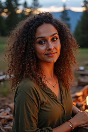 Generate an image of a stunning 38-year-old women, blending Black and Spanish heritage. She has fluffy curly golden brown hair, Type 4 hair, lush and vibrant, falling in loose waves down her back.

Setting:
- Outdoor: A serene mountain campsite at dusk, mountain view
- Soft, warm lighting with subtle shadows and twinkling string lights
- Tall trees surrounding a cozy clearing, with a crackling campfire and rustic wooden benches
- Camping gear and equipment subtly integrated into the scene

Physical Description:
- Fair skin with a subtle, sun-kissed glow
- Bright, expressive hazel eyes
- olive, dark Italian skin

Outfit:
- Comfortable, green earth-toned camping shirt (flannel or fleece)
- Practical hiking pants or leggings
- Warm, cozy cardigan 
- Sturdy hiking boots

Style:
-Effortless, coastal chic
- Confident, carefree, innocent pose

Mood:
- Serene, joyful, and radiant
- Capturing the essence of a relaxed summer afternoon
Inspired by singer Tyla's vibrant energy and style, create a breathtaking image that embodies beauty, elegance, and a laid-back coastal vibe.