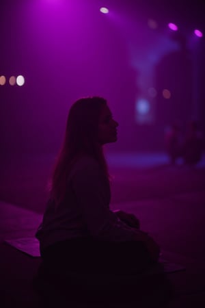 cinematic, A young woman with blonde hair sits in a dimly lit room, illuminated by soft purple and pink lighting. She gazes thoughtfully into the distance, with a bokeh of lights in the background, creating an intimate and contemplative atmosphere., film grain, Short telephoto focal length, shot on ALEXA 65,30yo