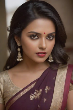 A beautiful Indian woman, 32, wearing a traditional saree with rich colors and intricate patterns, draped to reveal her midriff and navel. Big breasts are accentuated by the matching blouse (choli) with short sleeves and deep neckline. The pallu drapes softly over her shoulder, while her jewelry sparkles in warm, natural lighting. Cinematic shadows and bokeh create depth of field 1.3, capturing every detail of her skin, fabrics, and textures.

She stands elegantly, poised in a smokey atmosphere, bathed in ethereal light that highlights her stunning features. Fair skin glows under cinematic lighting, with perfect eyes and nose. Drill Spring-inspired hairstyle frames her face, showcasing intricate details and complex patterns that pop in hyper-visual fashion. Stunning HDR and UHD render this unreal engine creation with gorgeous light and shadow.

Framing: Softly lit, focusing on her elegant pose and cultural richness of attire. Cinematic angle, high detail RAW photo, extremely detailed skin, photorealistic, heavy shadows, dramatic lighting.

Composition: Perfect face and body, dimly lit, nervous, harsh camera flash, faded film, desaturated, 35mm photo, grainy, Kodachrome, Lomography, stained, highly detailed.