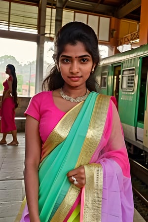 (Thrissur:1.3), (city, railway station, railway track, busy people), Raw photo of (25yo Kerala Beautiful young woman:1.1) (best quality, highres, ultra-detailed:1.2), vibrant colors, glowing dimond, glowing eyes, realistic Raw photo, realistic lighting,  (perfect saree)  exotic beauty, mesmerizing eyes, girl ,Thrissur,Sexy Pose,Styles Pose,1woman