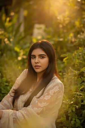 A stunning portrait of Kalyani Priyadarshan, framed by a warm golden light. She sits serenely in a lush greenery-filled setting, her long hair cascading down her back like a gentle waterfall. Her eyes sparkle with quiet confidence as she gazes softly into the distance.,Sahana15,Kalyani priyadarsh