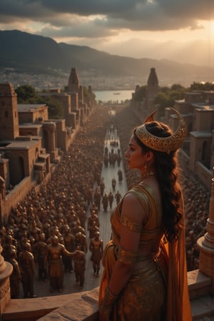 ultrarealistic photography, A resolute Mycenaean queen, draped in a finely woven tunic of saffron-dyed linen and a golden diadem engraved with Minoan spirals, stands on the battlements of her citadel as an enemy army approaches the fortified walls of her city. Behind her, towering cyclopean walls, built with massive limestone blocks, protect the ancient city of Mycenae. Warriors in bronze armor, wielding shields and spears, stand ready for battle. The queen’s gaze is fixed on the distant sea, where ships with black sails signal the coming of invaders. Around her, the rich culture of Mycenaean Greece is evident—the frescoes on the palace walls depict scenes of battle and ritual, and the throne room glows with the faint flicker of oil lamps as her advisors strategize. The sky above is darkening, the air thick with tension, as the last light of day illuminates the mountains that cradle her kingdom.,JoeyKingFlux,NithyaMenonFlux