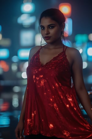 A beautiful women cinematic lighting futuristic city, shot on arri Alexa XT, teal and Red lighting setup,Indu30