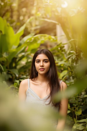 A stunning portrait of Kalyani Priyadarshan, framed by a warm golden light. She sits serenely in a lush greenery-filled setting, her long hair cascading down her back like a gentle waterfall. Her eyes sparkle with quiet confidence as she gazes softly into the distance.,Sahana15 