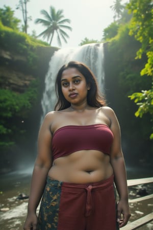 A stunning Big navel woman standing near Athirappilly waterfalls, bikini, Miro bikini, cinematic shot, ultra-realistic details, midriff exposed, Deep navel, sunlight illuminating her face, light rays filtering through the trees, lush greenery around, falling leaves gently drifting from the trees, mist from the waterfall adding a dreamy effect, dramatic depth of field, 8K resolution.,Fantasy Regal Artgem,XChrisx