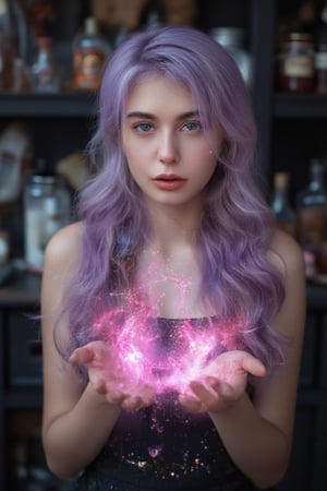 long wavy lavender haired beautiful witch with emerald green eyes and weaving a spell causing pink magical particles to appear iover her head between her hands. background in a witch alchemy lab.,Girl16yo