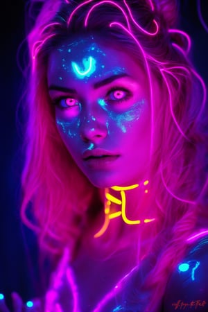 Portrait of a mystical fantasy bioluminescent neon woman. Glamorous fashionable lady. Glowing 
skin spot,  Glowing color,Glowing dots on face, neon lines on face, glowing multiple colour on eyeballs,25 year old girl ,actress 