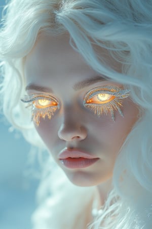 close, albino Billie Eilish woman with glowing eyes and hair in white gold jewelry, light painting, futuristic digital, realistic sci-fi, lights, gold filigree, silver lashes, diamond, ethereal, misty, holographic, white sky on background,glitter