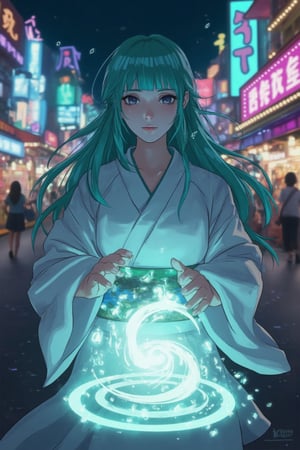 8K, ultra-detailed textures and realistic lighting, beauty and aesthetics, POV, various views, 1girl, solo, cleric, long hair, looking at viewer, bangs, black eyes, closed mouth, light turquoise hair, full body, japanese clothes, blunt bangs, kimono, lips, aqua hair, In Tokyo Disneyland, at night, the Japanese girl stands tall, her crisp white kimono a stark contrast to the noisy surroundings. Colorful neon light Soft, illuminates her porcelain, pale skin, her face illuminated by the glow of a magical circle beneath her. Her hair flows wildly, charged with energy, her eyes focused and determined, her hands outstretched as she summons a swirling vortex of magic. Her vibrant green hair catches the fading moody lighting, framing her serene expression amidst the amusement park, light particles