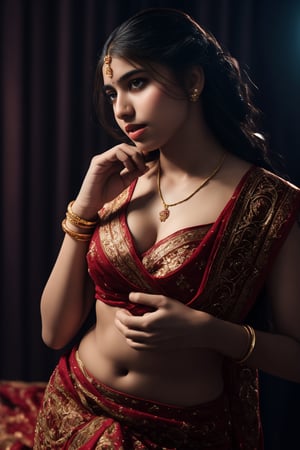 A beautiful Indian woman wearing a traditional saree, draped in a style that reveals her midriff and navel. The saree is richly colored and adorned with intricate patterns and embroidery, with a matching blouse (choli) that has short sleeves and a deep neckline. The pallu of the saree is gracefully  over her shoulder cover with blouse, , falling softly to one side, while her navel is tastefully visible where the saree is wrapped around her waist. She is adorned with traditional jewelry, including a maang tikka, jhumka earrings, a nose ring, bangles, and anklets. Her skin has a warm tone, and her long, dark hair is styled either in a loose braid or cascading waves. The setting is softly lit, focusing on her elegant pose and the cultural richness of her attire, with warm, natural lighting that enhances the details of the fabric and her jewelry.

cinematic angle, (cinematic shadows, bokeh, depth of field:1.3) , (High detail RAW Photo), (extremely detailed skin, photorealistic, heavy shadow, dramatic and cinematic lighting, key light, fill light), sharp focus, cinematic, imperfect skin, fabrics, textures, detailed face, detailed skin, detailed fingers, NaturalHand2-3500, analog film photo Deep photo,depth of field,ferrania p30 film,shadows, perfect face and body, dimly lit, nervous, harsh camera flash, faded film, desaturated, 35mm photo, grainy, Kodachrome, Lomography, stained, highly detailed, found footage,, (black hair, covered clevage, 
A flapper girl stands poised in a smokey atmosphere, bathed in ethereal light that accentuates her stunning features. Her fair skin glows under cinematic lighting, as she gazes directly into the camera with perfect eyes and a beautiful nose. Her Drill Spring-inspired hairstyle is perfectly coiffed, framing her face, background intricate details and complex patterns that seem to leap off the screen in hyper-maximalist fashion.  with detailed decoration and lines that exude opulence. In stunning HDR and UHD, this unreal engine creation pops with gorgeous light and shadow., matrix,poakl