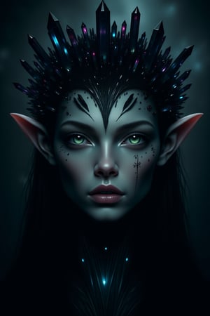 A dark and ethereal portrait of an elf in which her pale skin contrasts with the gloom that surrounds her. Her almond-shaped eyes, a deep and mysterious green, shine with an aura of ancient magic and hidden power. Her face is framed by strands of dark, almost black hair that fall in soft waves,
highlighting its delicate but imposing beauty. He wears a crown of dark, sharp crystals that seem to grow directly from his skull, radiating a cold, spectral glow. The crystals glow with a dark light, reflecting flashes of deep blue, purple, and black, as if imbued with forbidden magic.
Shadows cling to his figure, enhancing the atmosphere of mystery, while ancient marks and runes appear subtly on his skin, emitting a hidden energy. The background is composed of hazy shadows and diffuse shapes, as if the world is fading around them, focusing only on their imposing and disturbing presence.
The atmosphere is haunting and mystical, with a sense of latent danger emanating from its powerful presence,crystalz