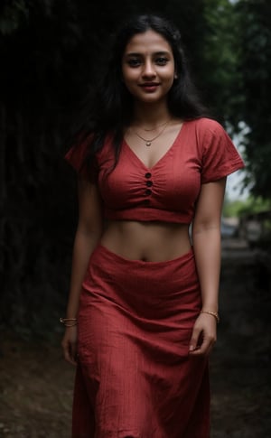 1girl, solo, long hair, looking at viewer, smile, black hair, dress, jewelry, standing, necklace, blurry, Red dress, bracelet, realistic, 25 years old, dark skin , dim light, drak atmosphere, low light , Midriff 