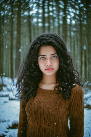 A cinematic portrait of a girl with wavy hair and midriff exposed, gazing directly into the lens. Her striking green eyes sparkle beneath a fringe of black locks, as she stands amidst a winter forest's serene silence. Wearing warm, earthy-toned clothing, her skin has a soft, celluloid film-like quality. Snowflakes gently fall around her, casting a whimsical atmosphere. The golden hour's warm glow illuminates her features, with cinematic lighting that accentuates the contours of her face. Earthy hues of brown and green mingle with blue undertones, creating a visually striking harmony.