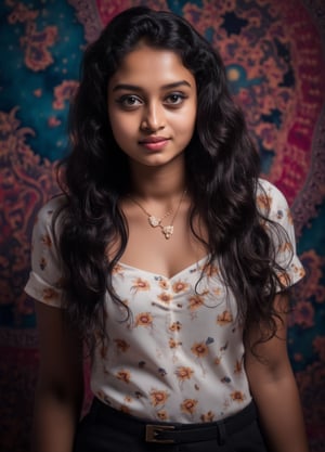 Capture a masterpiece of photography featuring a stunning girl with long, curly black hair (1.1) and intricate details in her school uniform, complete with a miniskirt and random colors. The scene is set in front of a striking fractal pattern (abstract) that creates a sense of depth and dimensionality. Professional HDR lighting (8k UHD RAW photo) casts a cinematic glow, accentuating the subject's features while also capturing the subtle play of iridescent lighting on her skin. Jewelry (1.4) adorns her neck, drawing attention to her radiant smile as she faces the viewer directly. The image is rendered in breathtaking detail, with every curl of hair and fold of fabric meticulously captured. Apply a realistic LUT for a true-to-life representation.,SH,Yakshi28 