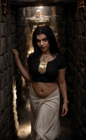 In a ancient pyramid Egypt, A mysterious figure emerges from the shadows. A 28-year-old woman with brown skin and long black hair stands confidently, curvy girl, navel, standing:1, spot light on face:1, inside a piramid:1, shot from above, fucus face from above angle, her piercing gaze meeting the viewer's as a gentle smile spreads across her face. She wears a stunning red dress that clings to her curves, its hemline grazing her midriff. A necklace glimmers around her neck, complemented by a bracelet that adorns her wrist. The dim light casts an eerie atmosphere, with the subject's features slightly blurred, as if shrouded in mystery. Spot light Light on face and body:1,  