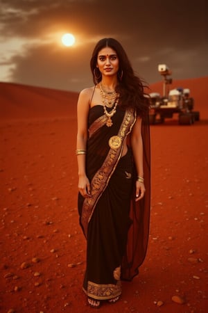 Mars Explorer in Traditional Attire
"A stunning Indian woman stands on the red, rocky surface of Mars, blending elements of her cultural heritage with futuristic technology. Mars rover near She wears a sleek saree, with glowing neon accents:1, customized to reflect traditional Indian motifs, such as intricate gold patterns and a sari-like drape over her shoulder. Her hair wave, mars effect, mars havy sand storm:1.4, revealing a radiant face with sharp, determined eyes. The harsh Martian environment contrasts with her beauty, while the backdrop features the dusty Martian landscape, distant planets, and a futuristic space colony on the horizon. The lighting is dramatic, with warm tones highlighting the red sands of Mars, creating a powerful, cinematic scene captured in ultra-realistic photography."

Details: face texture, perfect eyes, 5 finger on each hands, hair details, costume texture perfect, symmetry, Sharp background,