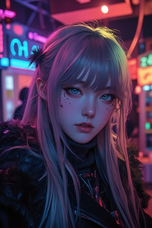 1girl, solo, long hair, looking at viewer, smile, blue eyes, blonde hair, hair between eyes, twintails, fur trim, 3 line facial mark on cheeks, genderswap, genderswap \(mtf\), zipper, whisker markings, uzumaki naruto

The atmosphere is fun and inviting, featuring colors like black, blue, dark blue, dark purple, gray, light green, purple, and orange. Neon lights in pink, blue, and green illuminate the space, creating a bokeh and Depth of Fieldeffect. The focus is on the girl from the torso to the head, captured in a cinematic style with a Sony A7R IV full-frame camera