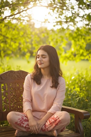 A warm sunlight illuminates Kalyani Priyadarshan's serene expression, set against a soft focus background of lush greenery. Her gentle smile and closed eyes evoke a sense of peace, as she sits cross-legged on a intricately carved wooden bench amidst the tranquil surroundings.