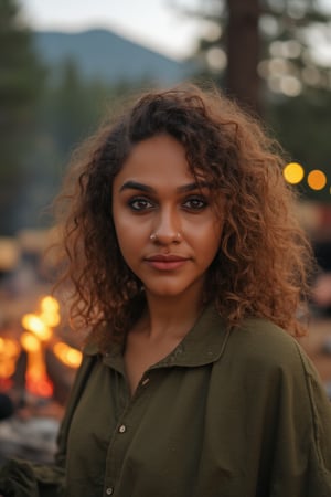 Generate an image of a stunning 18-year-old petite teenager, young, youth, child, kid, blending Black and Spanish heritage. She has fluffy curly golden brown hair, Type 4 hair, lush and vibrant, falling in loose waves down her back.

Setting:
- Outdoor: A serene mountain campsite at dusk, mountain view
- Soft, warm lighting with subtle shadows and twinkling string lights
- Tall trees surrounding a cozy clearing, with a crackling campfire and rustic wooden benches
- Camping gear and equipment subtly integrated into the scene

Physical Description:
- Fair skin with a subtle, sun-kissed glow
- Bright, expressive hazel eyes
- olive, dark Italian skin

Outfit:
- Comfortable, green earth-toned camping shirt (flannel or fleece)
- Practical hiking pants or leggings
- Warm, cozy cardigan 
- Sturdy hiking boots

Style:
-Effortless, coastal chic
- Confident, carefree, innocent pose

Mood:
- Serene, joyful, and radiant
- Capturing the essence of a relaxed summer afternoon
Inspired by singer Tyla's vibrant energy and style, create a breathtaking image that embodies beauty, elegance, and a laid-back coastal vibe.