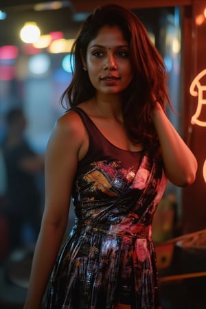 A woman posing confidently, radiant in a metallic dress with digital patterns and neon accents, against a blurred backdrop of vintage circuitry and neon lights. Soft, warm lighting highlights her features,  reflecting a digital glow. Her stylish gaze is set off by the retro-futuristic atmosphere, as if stepping out of a 1980s time capsule.,NeemoFairy,Liminal Space,Ambience Steampunk,Mallu beauty 