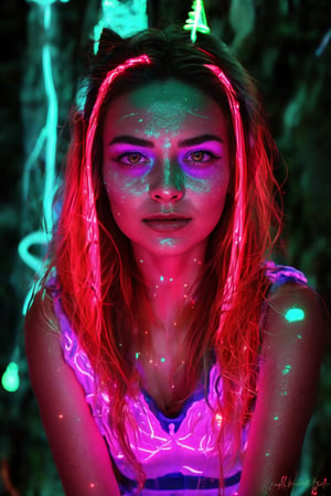 Portrait of a mystical fantasy bioluminescent neon woman. Glamorous fashionable lady. Glowing 
skin spot,  Glowing color,Glowing dots on face, neon lines on face, glowing multiple colour on eyeballs,25 year old girl 