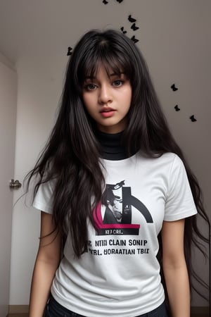 illustraion, aesthetically pleasing, 1girl, solo, slim, black hair, long hair, bangs, black eyes, closed mouth, cloud shirt, short sleeves, turtleneck, upper body, standing up, realistic background, 18 years old girl, mallu,  messy hair,  colorful_hair, longhair