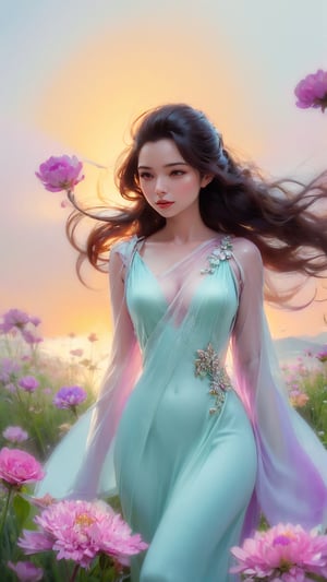 In a dreamy and ethereal setting, the woman is depicted floating in a cloud of mist and soft light. Her body is surrounded by delicate flowers that seem to bloom from her very essence, symbolizing the beauty and vitality of femininity. The colors used are pastel and muted, creating a serene and tranquil atmosphere. The composition is organic and flowing, with the woman’s body forming graceful curves that harmonize with the natural elements around her. The overall mood is one of enchantment and mystique, evoking a sense of wonder and reverence for the feminine form.,Transparent Glass Flowers,1girl