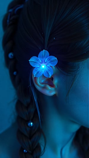 A breathtakingly detailed CloseUp Photography masterpiece captures the essence of an exquisite girl's hair adorned with a stunning bioluminescent flower. Soft focus blurs the background as the subject's locks take center stage, showcasing intricately textured strands and a single, radiant bluebell-like bloom with delicate water droplets clinging to its luminous petals. The analog-style image is rendered in photorealistic 16k resolution, boasting hyper-realistic details that evoke sculptural art. Oil and marker lines on cracked epoxy glass create an exquisite, high-contrast framework, while ultra-fine illumination highlights the subject's hair and flower with dramatic flair, perfect lighting, and a hint of mystique.