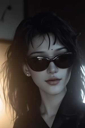 dol of chicago, a beautiful slim curvy pale goth girl with asymmetrical punk rock hair and badass euro design sunglasses. mole on cheek. half portrait by stanley artgerm, dramatic lighting, by nagel, shin jeongho, nick silva and ilya kuvshinov, deviantart