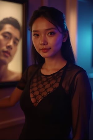  A young woman stands confidently against a movie poster backdrop, her gaze directed straight at the camera, exuding an air of confidence and allure, She wears a black top with a lace pattern, her features softly highlighted by even lighting, Off-center placement draws the viewer's eye towards her, while a subtle hint of a man in the background adds depth to the scene, The movie poster suggests a possible movie theater setting, 