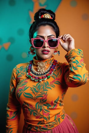 A stylish Mallu girl with a curvy, sexy figure poses confidently in a modern, non-traditional outfit adorned with traditional ornaments. She wears oversized, colorful sunglasses and a bold, patterned turtleneck that stands out against a teal and orange background, graded with cinematic color tones. The scene captures a complex, action-oriented pose reminiscent of cyberpunk themes from Blade Runner and The Matrix, set in a highly stylized, photorealistic CGI environment. The abstract, textured background adds a pop art flair with bold, vibrant colors, enhancing the modern, high-quality 32K masterpiece. Studio lighting accentuates every detail, bringing a mix of traditional elements and futuristic vibes together in this dynamic composition,xamala,Amala Paul