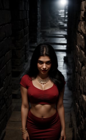 In a ancient pyramid Egypt, A mysterious figure emerges from the shadows. A 28-year-old woman with brown skin and long black hair stands confidently, curvy girl, navel, standing:1, spot light on face:1, inside a piramid:1, shot from above, fucus face from above angle, her piercing gaze meeting the viewer's as a gentle smile spreads across her face. She wears a stunning red dress that clings to her curves, its hemline grazing her midriff. A necklace glimmers around her neck, complemented by a bracelet that adorns her wrist. The dim light casts an eerie atmosphere, with the subject's features slightly blurred, as if shrouded in mystery. Spot light Light on face and body:1,  