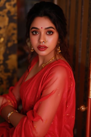 Raw photo of (18yo Kerala Beautiful young woman:1.1, (best quality, highres, ultra-detailed:1.2), This breathtaking photograph, shot on a Canon 1DX with a 50 mm f/2.8 lens, beautifully showcases the raw and authentic beauty of life. high resolution 8k image quality, vibrant colors, glowing dimond, glowing eyes, realistic Raw photo, realistic lighting, traditional Red saree,  exotic beauty, mesmerizing eyes, girl ,Thrissur,Mallu,Saree