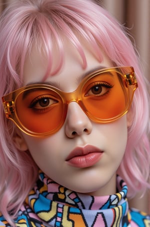 A vibrant, close-up portrait of a young woman with pink hair, wearing oversized, colorful sunglasses, and patterned turtleneck, abstract, textured background | pop art style, bold colors, detailed, highly stylized | photorealistic | studio lighting
,cinematic , film grain, Short telephoto focal length, shot on ALEXA 65