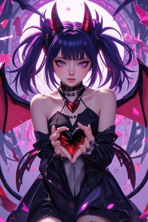 1girl, solo, looking at viewer, blue eyes, twintails, purple eyes, purple hair, heart, wings, horns