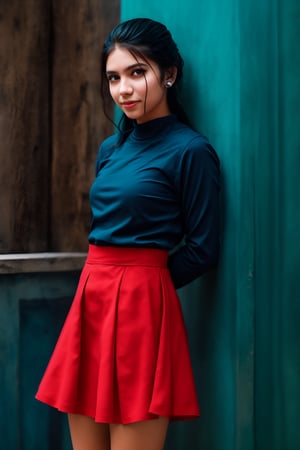 A teenage girl stands still against a rustic wooden wall with a pale blue sky in the background. She is wearing a blue long-sleeved shirt and a red skirt, accessorized with a ring on her finger and earrings in her ears. Her sleek, ponytailed hair is neatly styled, and her neutral expression carries a hint of a subtle smile. The image features cinematic color grading with Matrix movie color tones, enhanced with Tron Legacy movie style. The scene has a neon atmosphere, with a futuristic gadget in view, creating the look of a game character.
