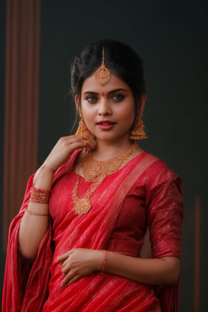 A beautiful Indian 30yo  plumb curvy women , wearing a traditional saree, draped in a style that reveals navel. Turtle neck blouse:2, The saree is richly colored and adorned with intricate patterns and embroidery, with a matching blouse (choli) that has short sleeves and a deep neckline. The pallu of the saree is gracefully  over her shoulder cover with blouse, , falling softly to one side, while her navel is tastefully visible where the saree is wrapped around her waist. She is adorned with traditional jewelry, including a maang tikka, jhumka earrings, a nose ring, bangles, and anklets. Her skin has a warm tone, and her long, dark hair is styled either in a loose braid or cascading waves. The setting is softly lit, focusing on her elegant pose and the cultural richness of her attire, with warm, natural lighting that enhances the details of the fabric and her jewelry.

cinematic angle, (cinematic shadows, bokeh, depth of field:1.3) , (High detail RAW Photo), (extremely detailed skin, photorealistic, heavy shadow, dramatic and cinematic lighting, key light, fill light), sharp focus, cinematic, imperfect skin, fabrics, textures, detailed face, detailed skin, detailed fingers, NaturalHand2-3500, analog film photo Deep photo,depth of field,ferrania p30 film,shadows, perfect face and body, dimly lit, nervous, harsh camera flash, faded film, desaturated, 35mm photo, grainy, Kodachrome, Lomography, stained, highly detailed, found footage,, (black hair, covered cleavage, 
A flapper girl stands poised in a smokey atmosphere, bathed in ethereal light that accentuates her stunning features. Her fair skin glows under cinematic lighting, as she gazes directly into the camera with perfect eyes and a beautiful nose. Her Drill Spring-inspired hairstyle is perfectly coiffed, framing her face, background intricate details and complex patterns that seem to leap off the screen in hyper-maximalist fashion.  with detailed decoration and lines that exude opulence. In stunning HDR and UHD, this unreal engine creation pops with gorgeous light and shadow., matrix,poakl, 5 fingers on each hands,better_hands